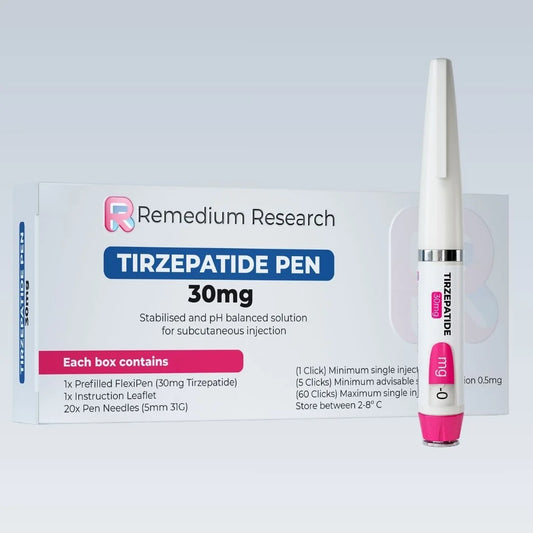 Remedium Research Tirzepatide 30mg prefilled pen dual GLP-1 GIP research peptide.